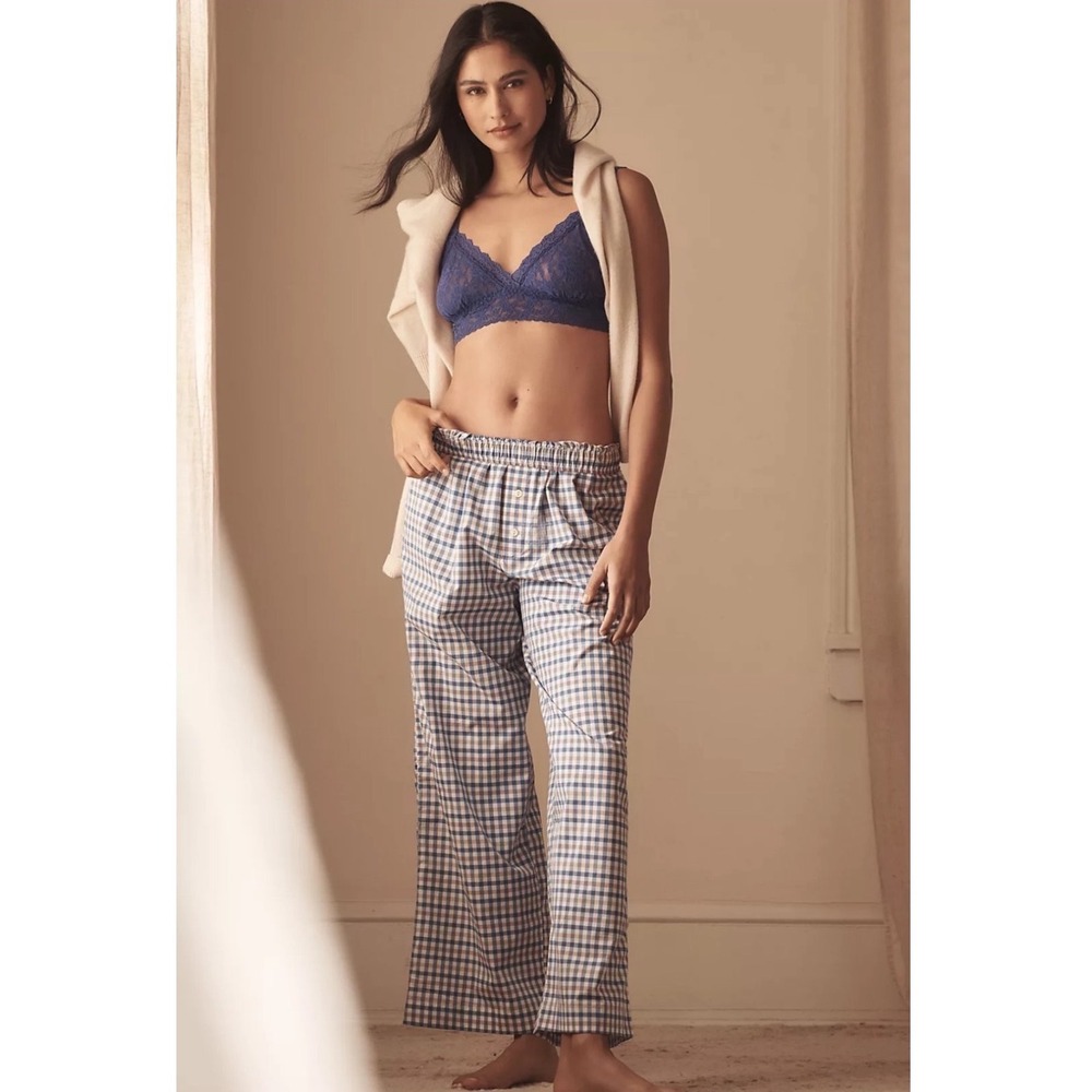 Anthropologie The Wren Boxer Pants Small Blue Gingham Check Wide Leg Loungewear